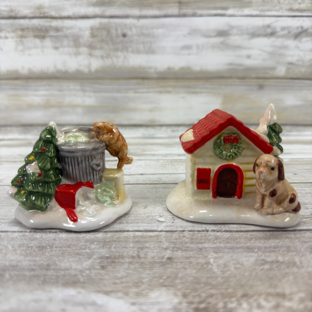 Dept 56 Original Snow Village Cat and Dog Doghouse/Cat in Garbage Can Set of two